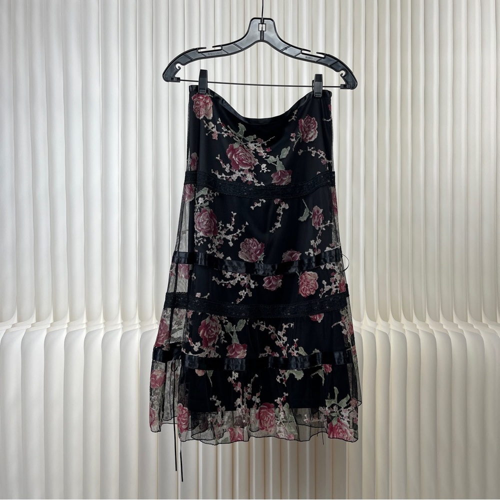 Express Black Skirt with Sheer Pink Floral Overlay Design